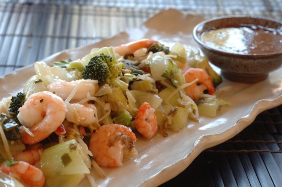 Varm räkwok med pak choi och broccoli